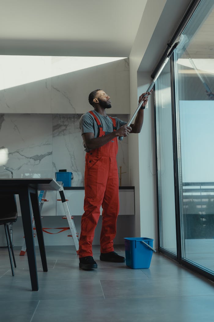hero-img A man in coveralls cleans a large window in a stylish, modern home interior.